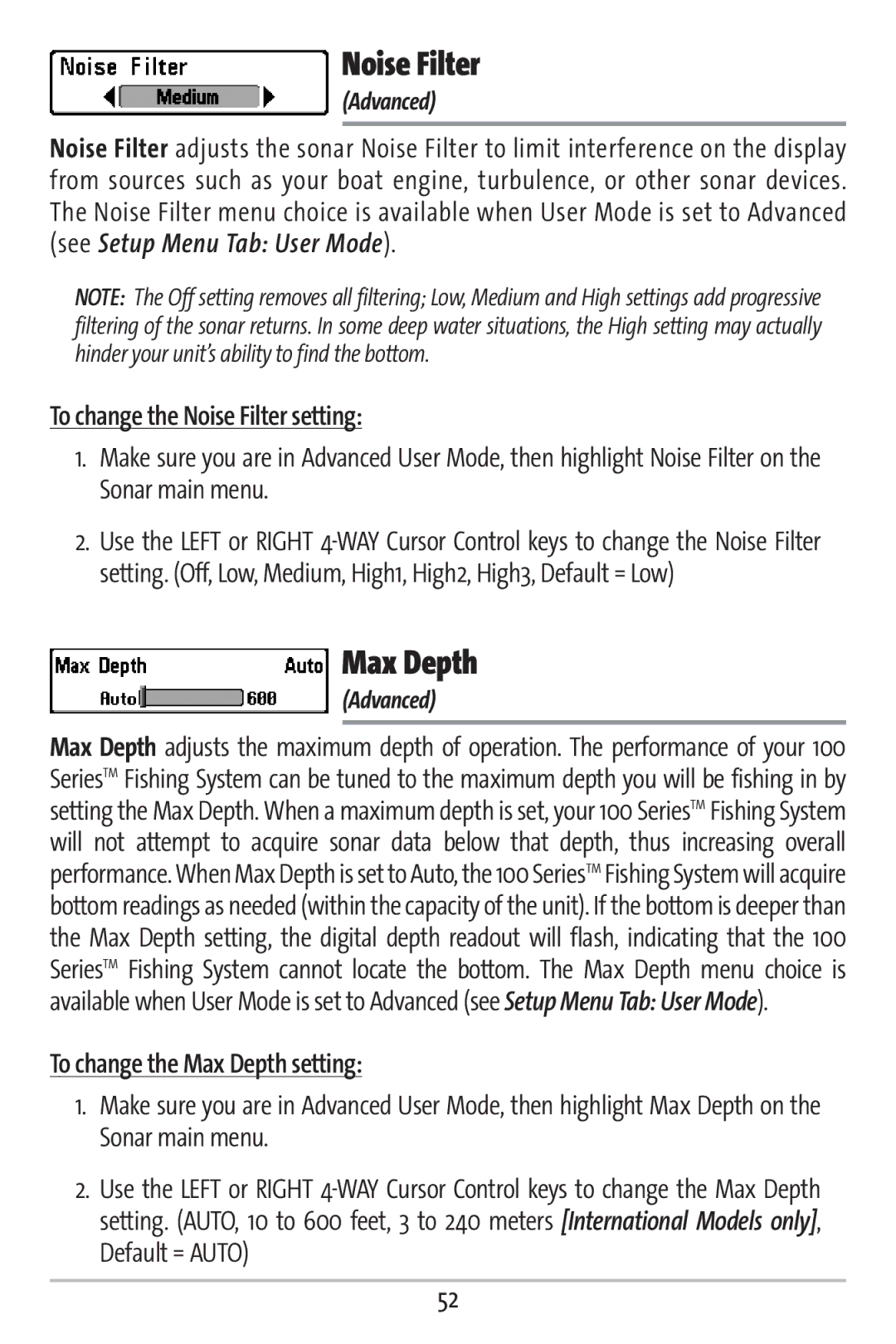 Humminbird 161 manual To change the Noise Filter setting, To change the Max Depth setting 