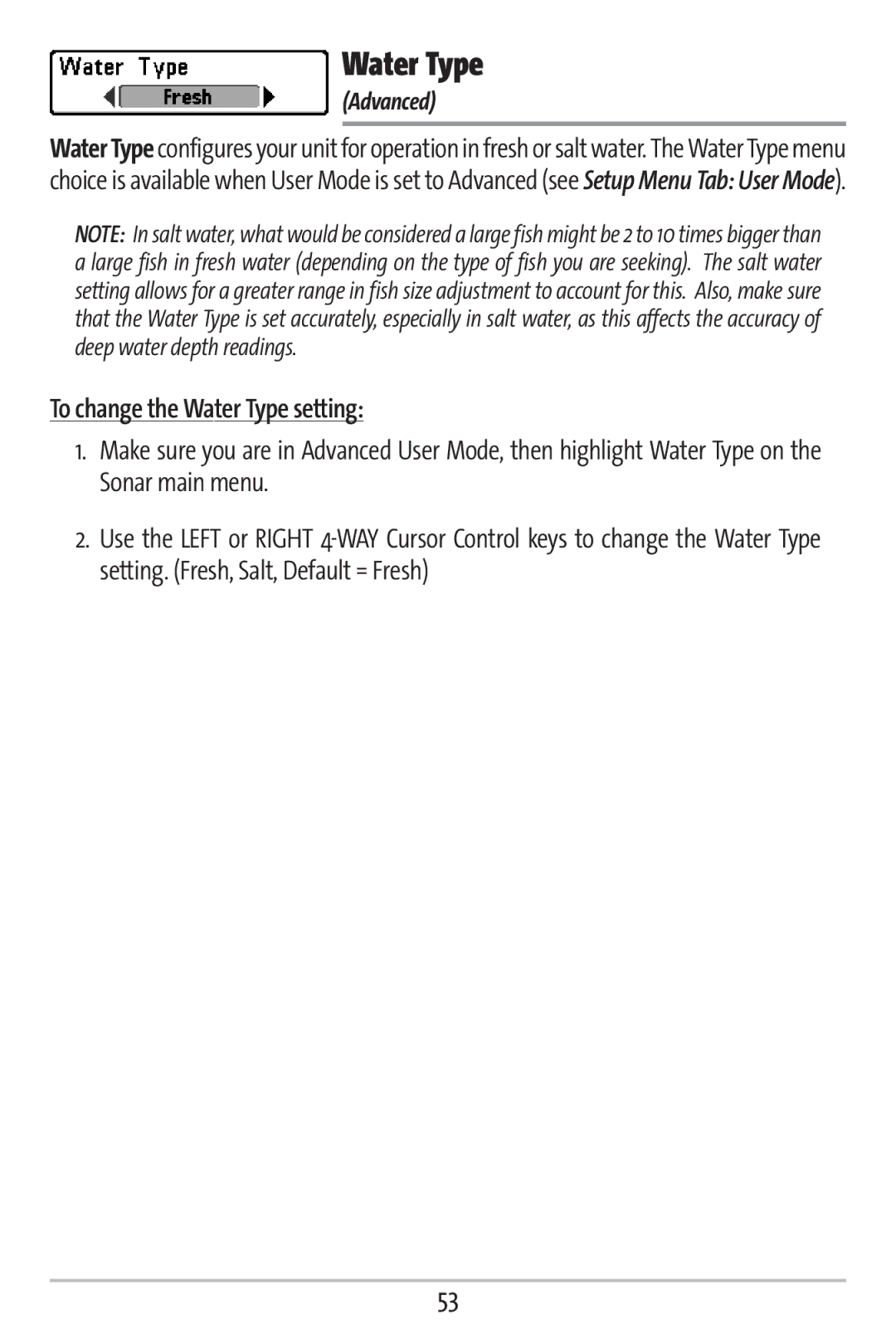 Humminbird 161 manual To change the Water Type setting 