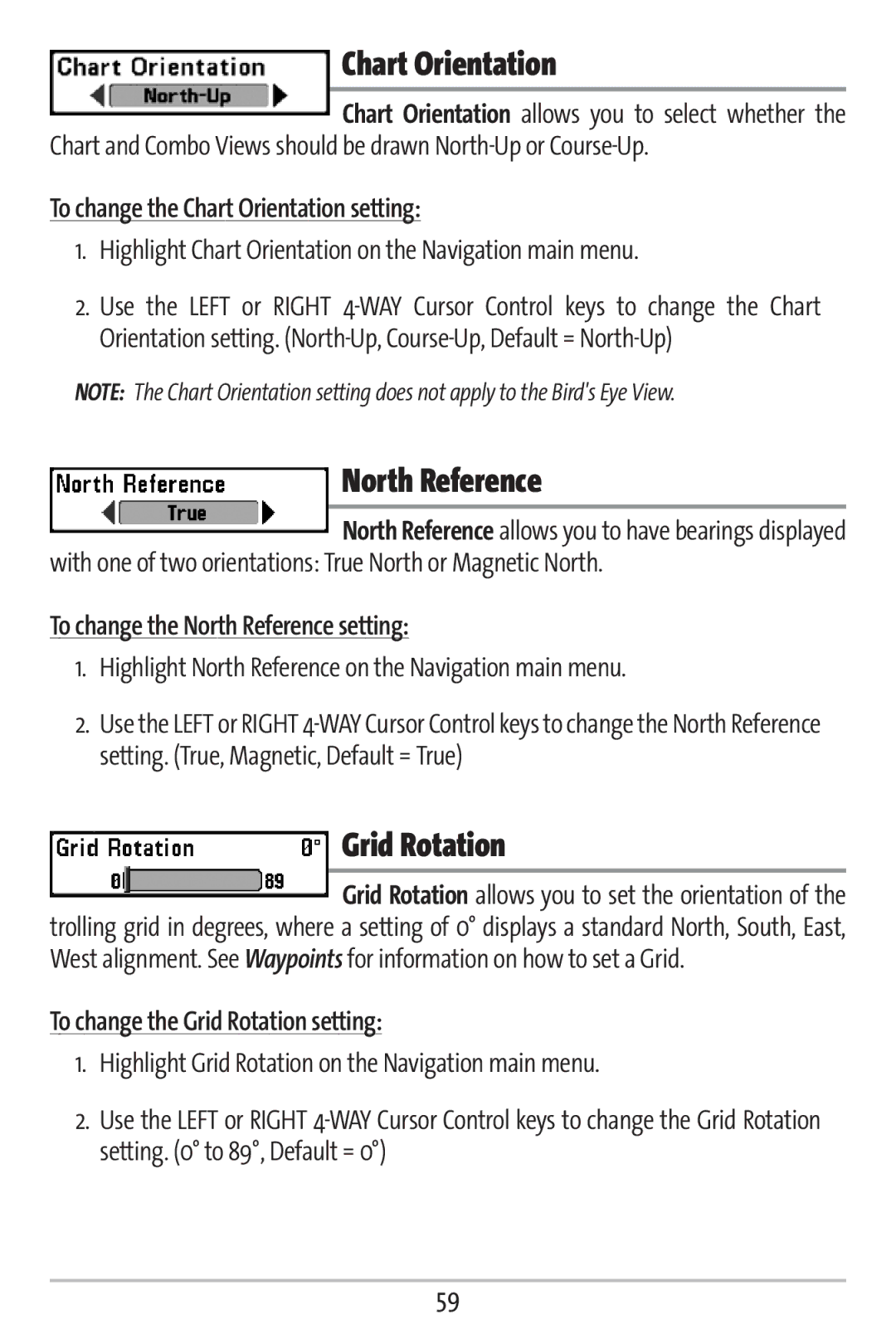 Humminbird 161 manual Chart Orientation, North Reference, Grid Rotation 