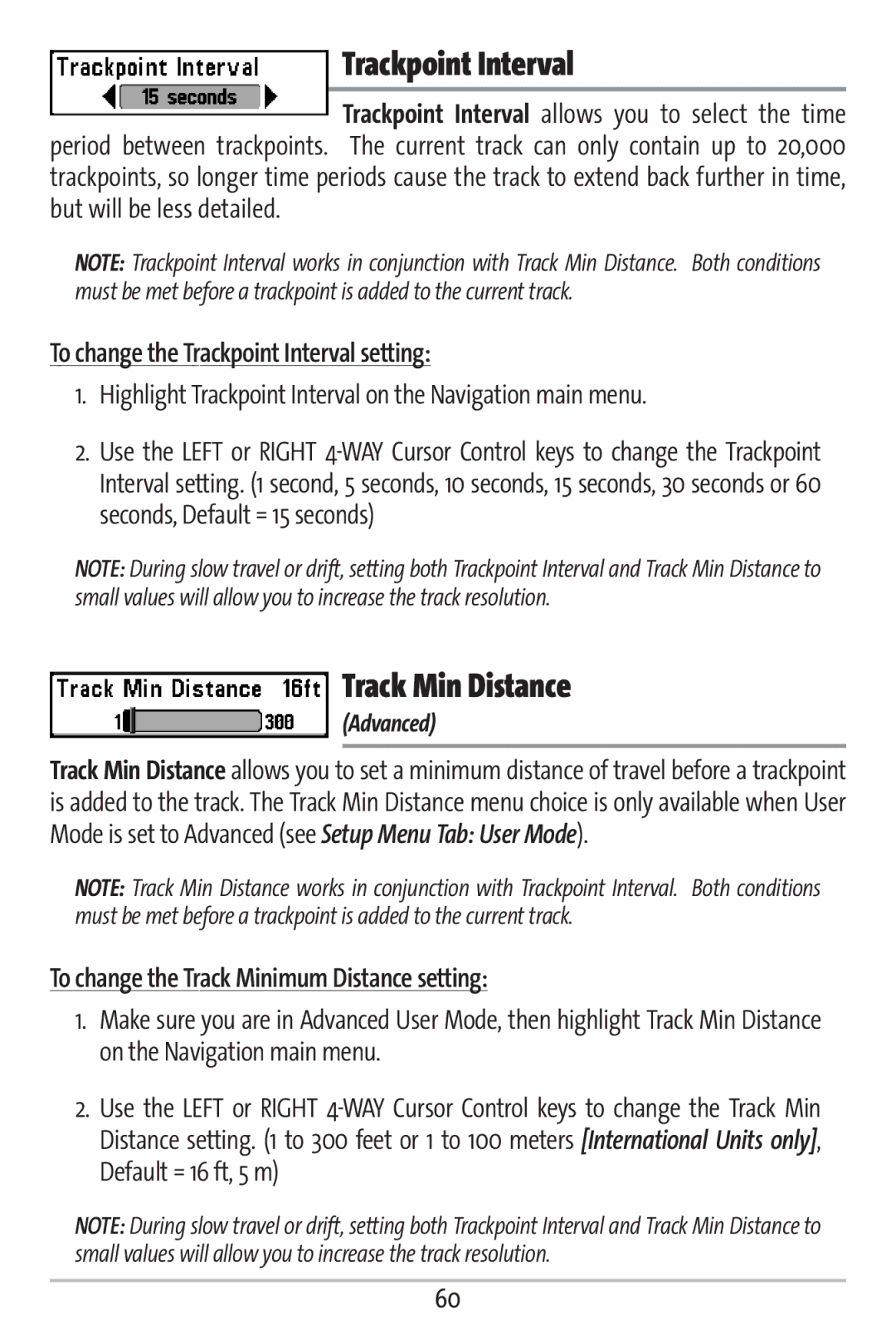 Humminbird 161 manual Track Min Distance, To change the Trackpoint Interval setting 