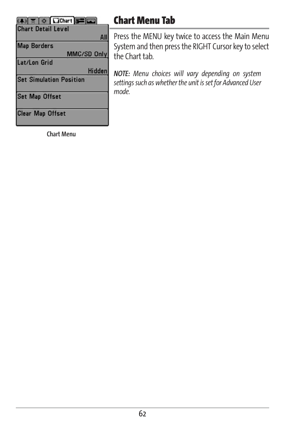 Humminbird 161 manual Chart Menu Tab 