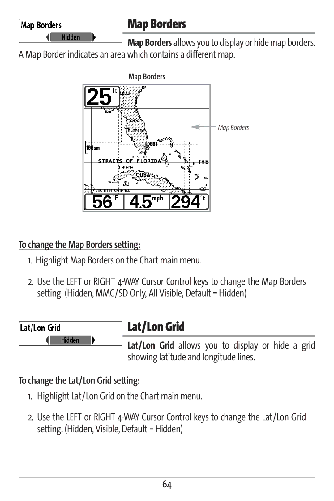 Humminbird 161 manual To change the Map Borders setting, To change the Lat/Lon Grid setting 