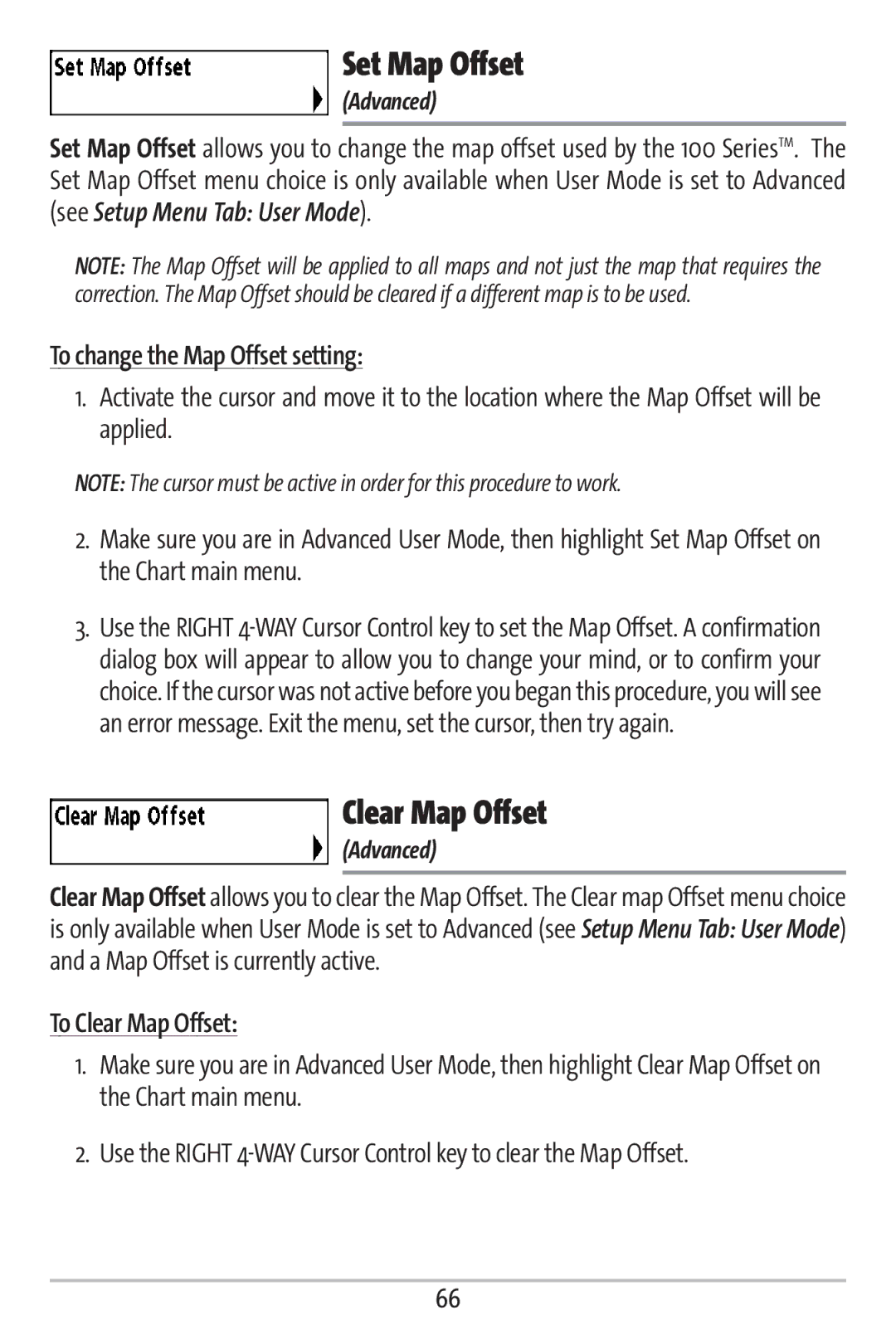 Humminbird 161 manual Set Map Offset, To change the Map Offset setting, To Clear Map Offset 