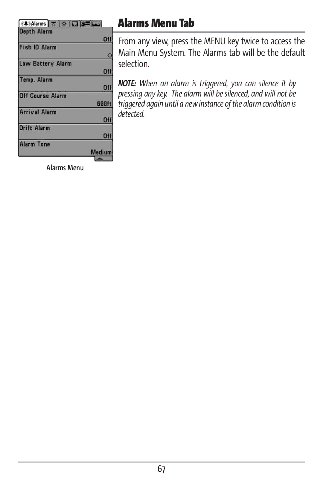 Humminbird 161 manual Alarms Menu Tab 