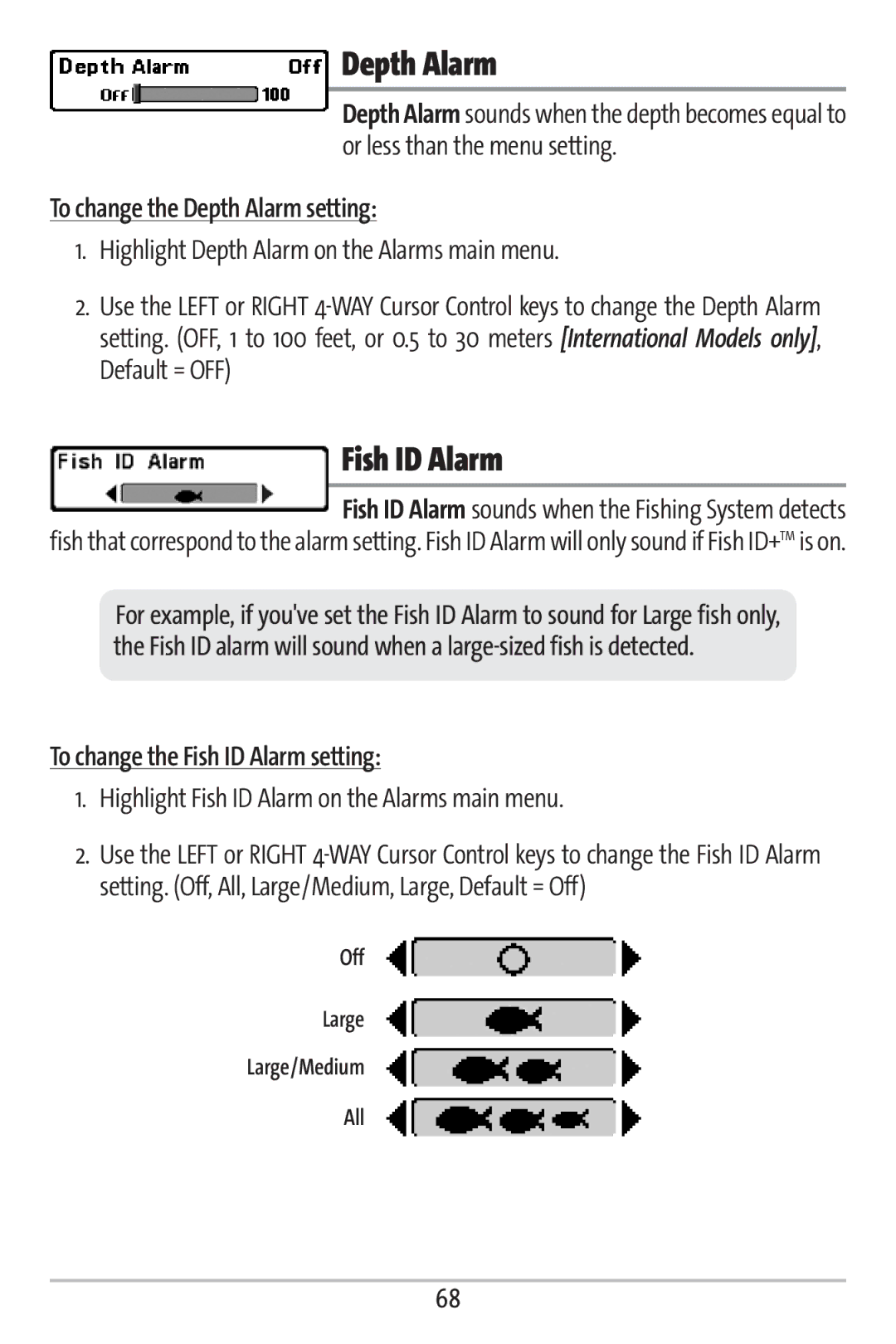 Humminbird 161 manual To change the Depth Alarm setting, To change the Fish ID Alarm setting 