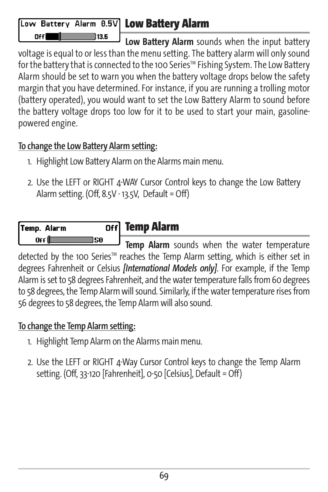 Humminbird 161 manual To change the Low Battery Alarm setting, To change the Temp Alarm setting 