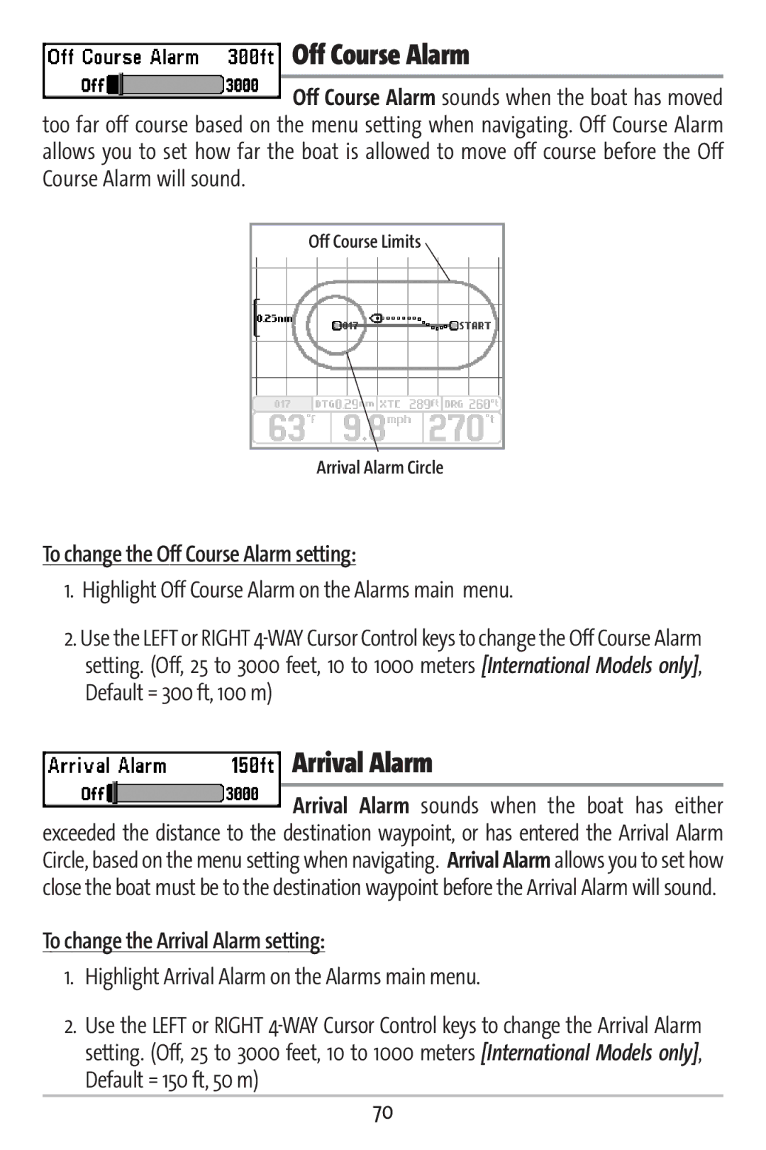 Humminbird 161 manual To change the Off Course Alarm setting, To change the Arrival Alarm setting 