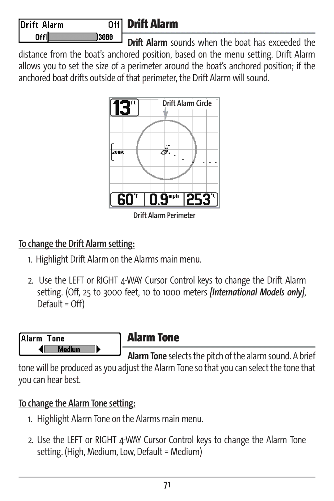 Humminbird 161 manual To change the Drift Alarm setting, To change the Alarm Tone setting 