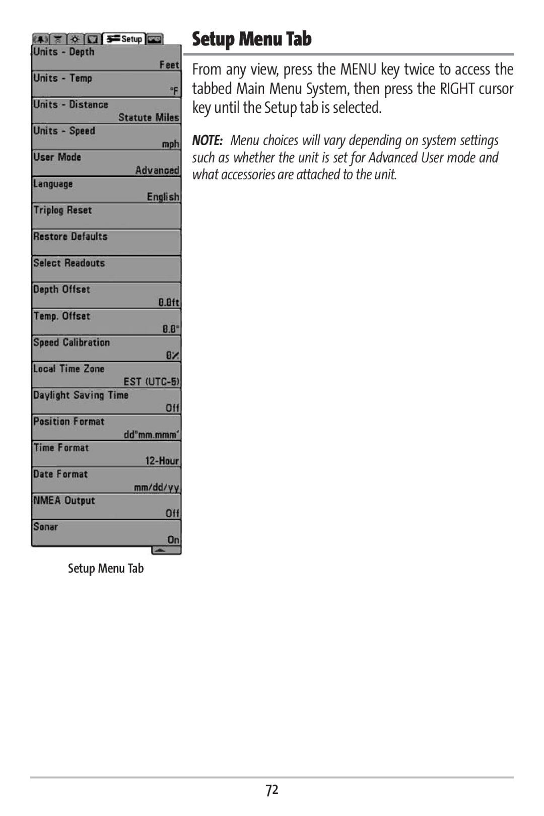 Humminbird 161 manual Setup Menu Tab 