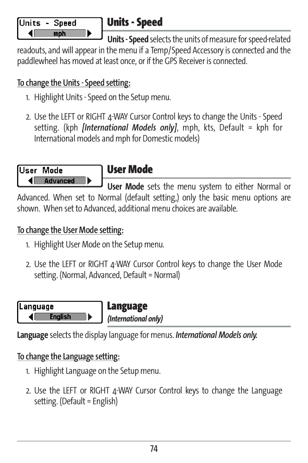 Humminbird 161 manual Units Speed, User Mode, Language 