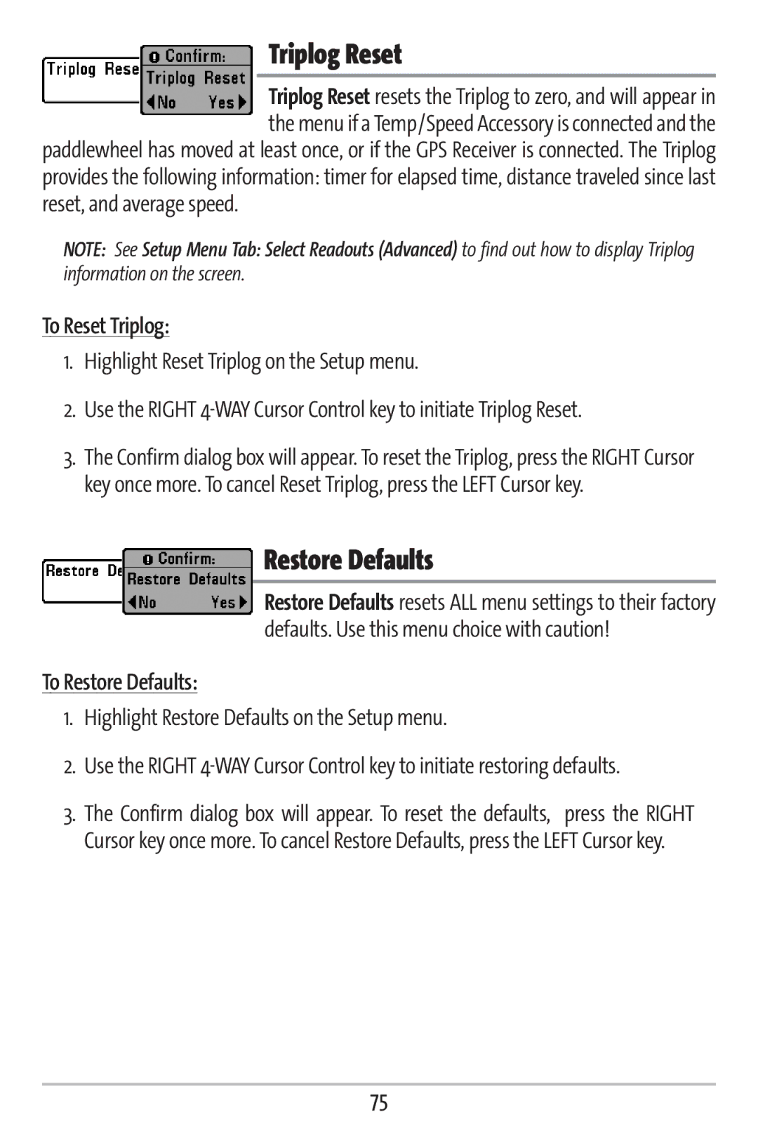 Humminbird 161 manual Triplog Reset, To Reset Triplog, To Restore Defaults 