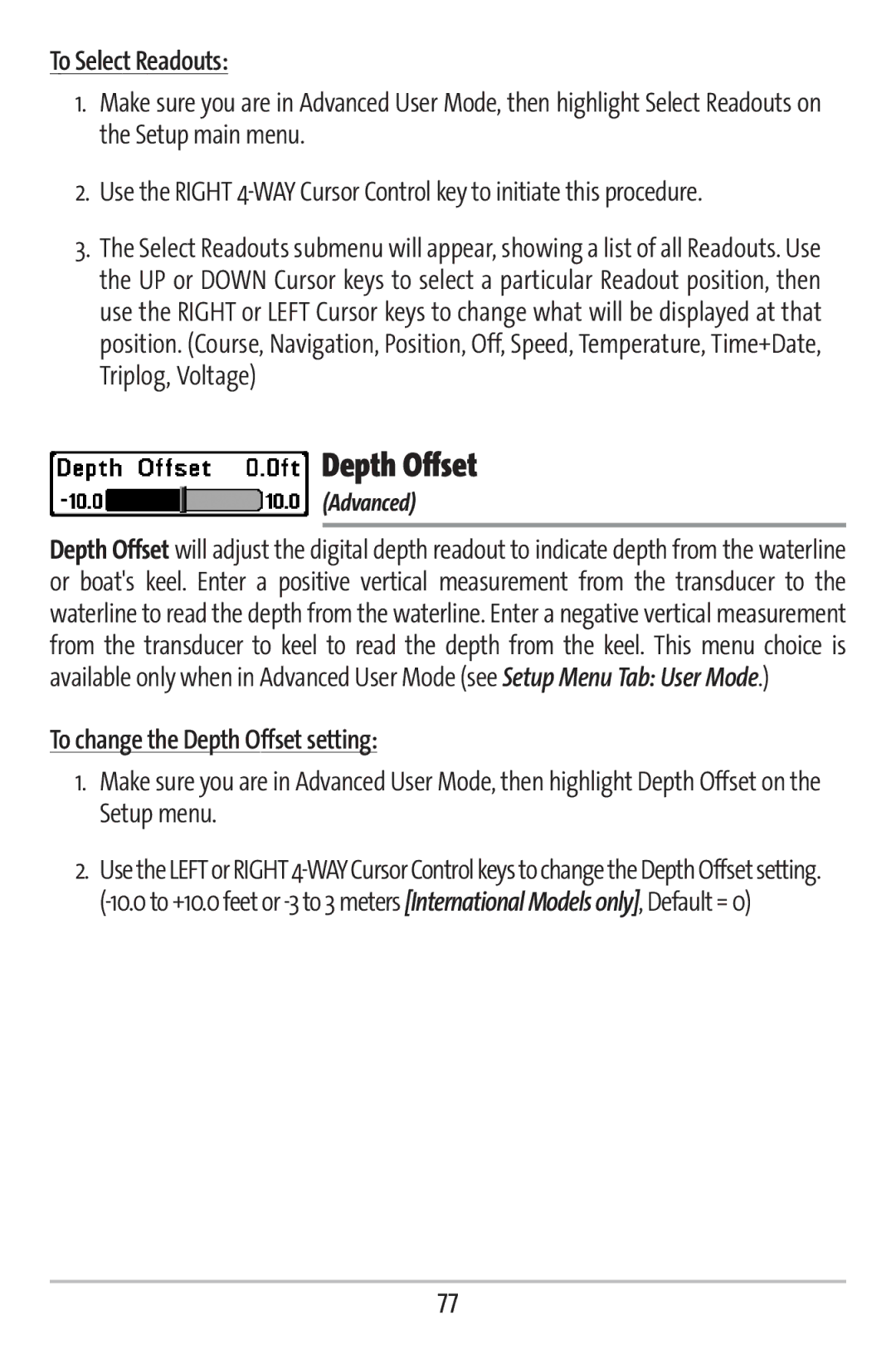 Humminbird 161 manual To Select Readouts, To change the Depth Offset setting 