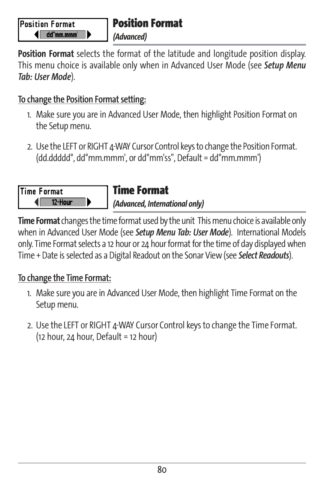 Humminbird 161 To change the Position Format setting, To change the Time Format, Advanced, International only 