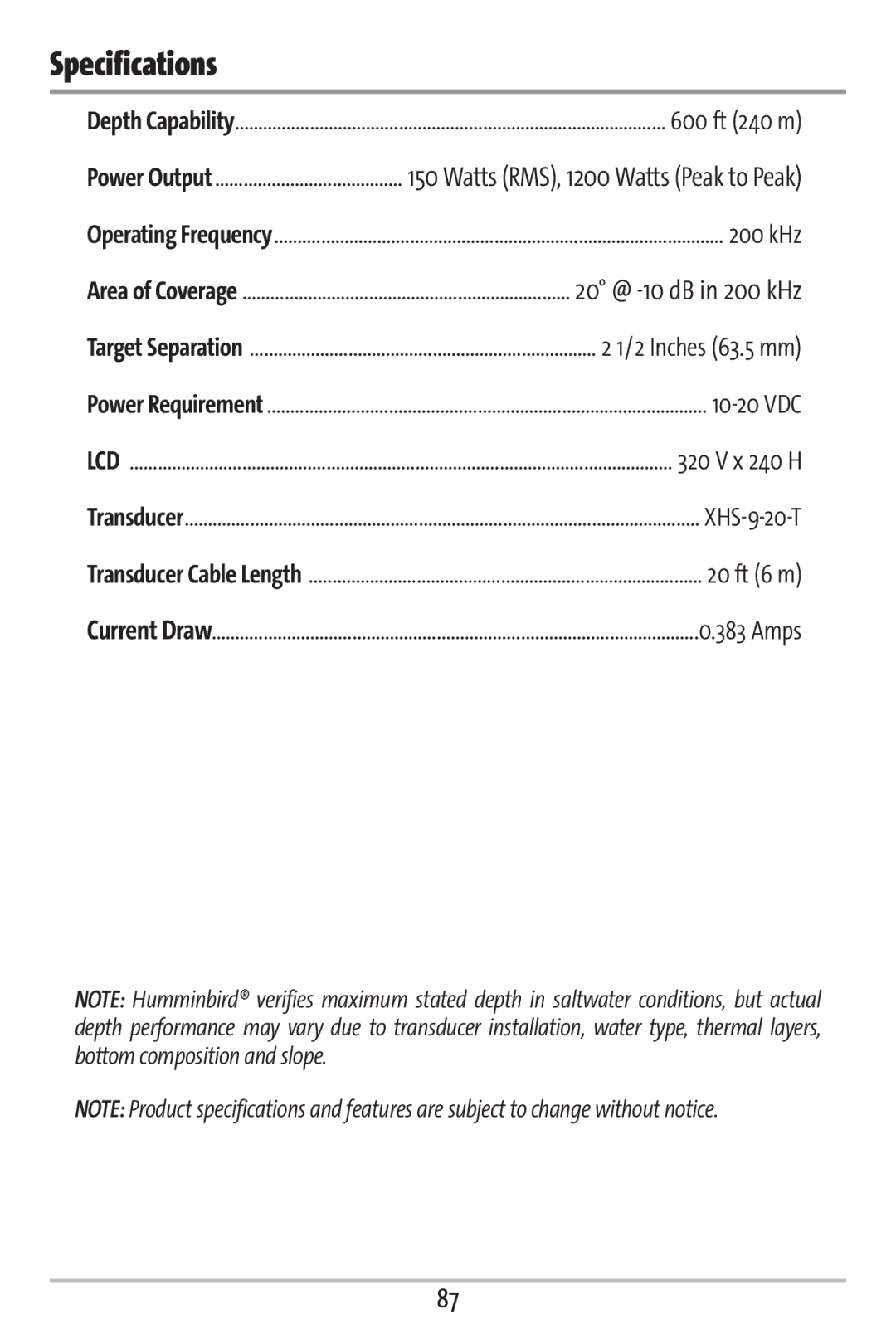 Humminbird 161 manual Specifications 