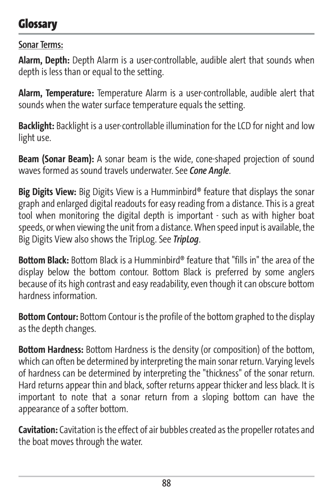 Humminbird 161 manual Glossary, Sonar Terms 