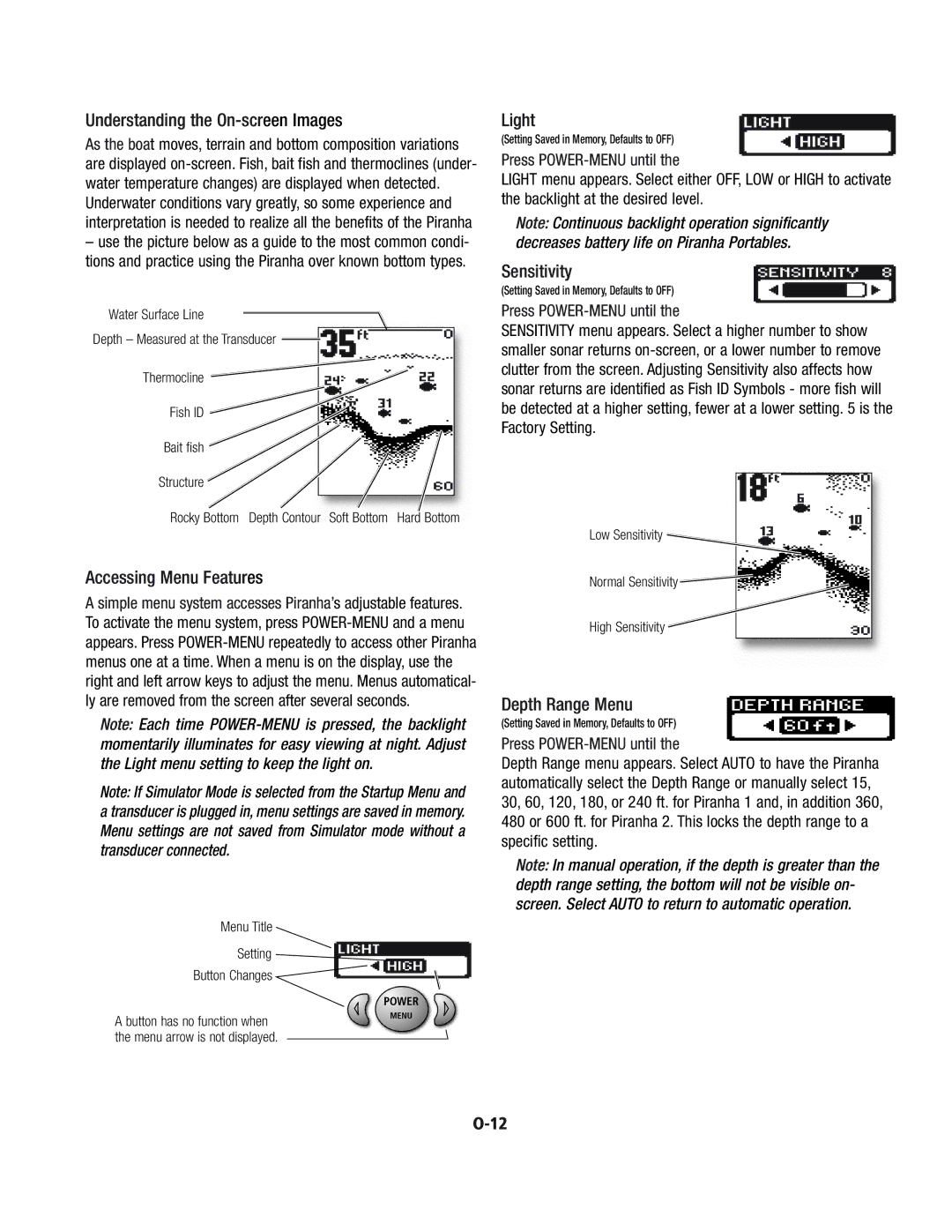 Humminbird 2, 1 manual Understanding the On-screen Images, Accessing Menu Features, Light, Sensitivity, Depth Range Menu 