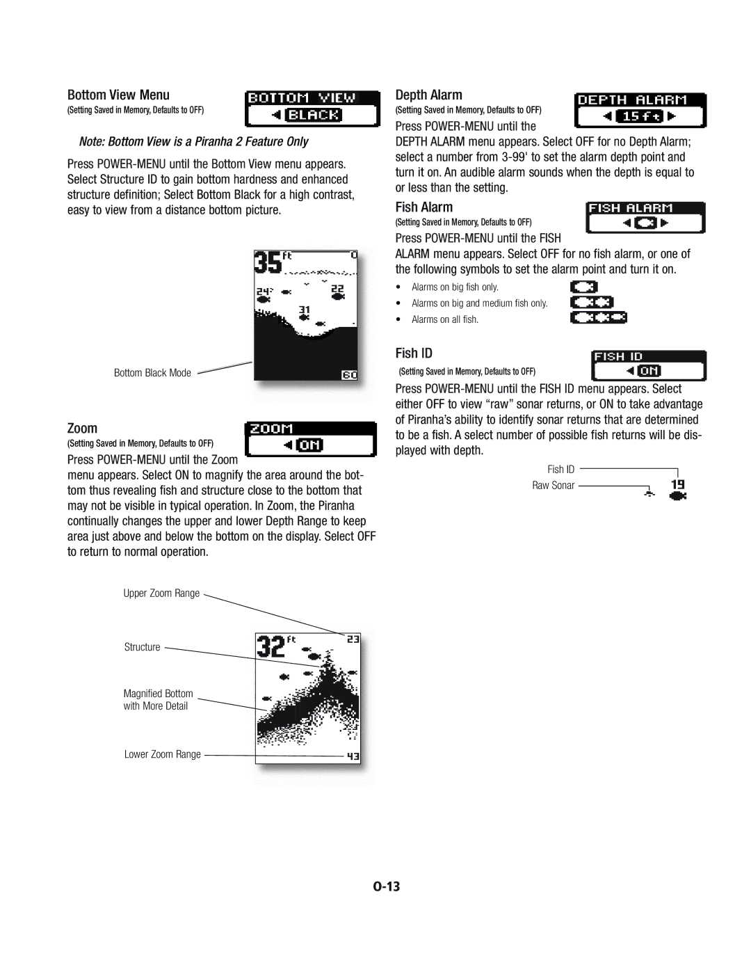 Humminbird 1, 2 manual Bottom View Menu, Zoom, Depth Alarm, Fish Alarm, Fish ID 