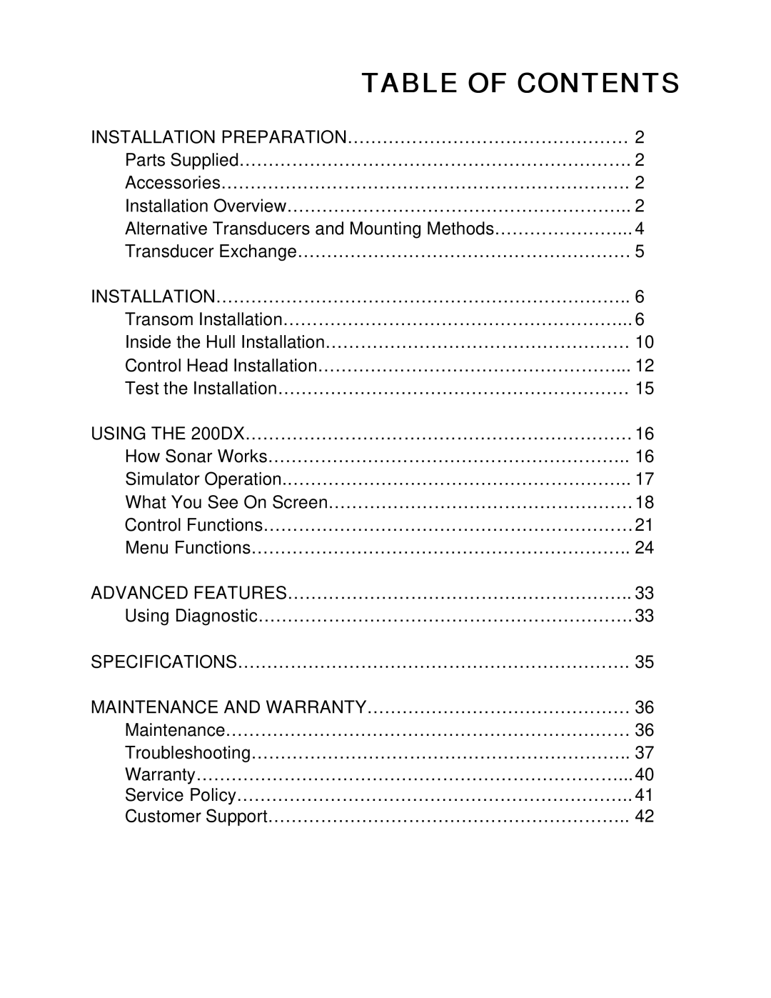 Humminbird 200DX manual Table of Contents 