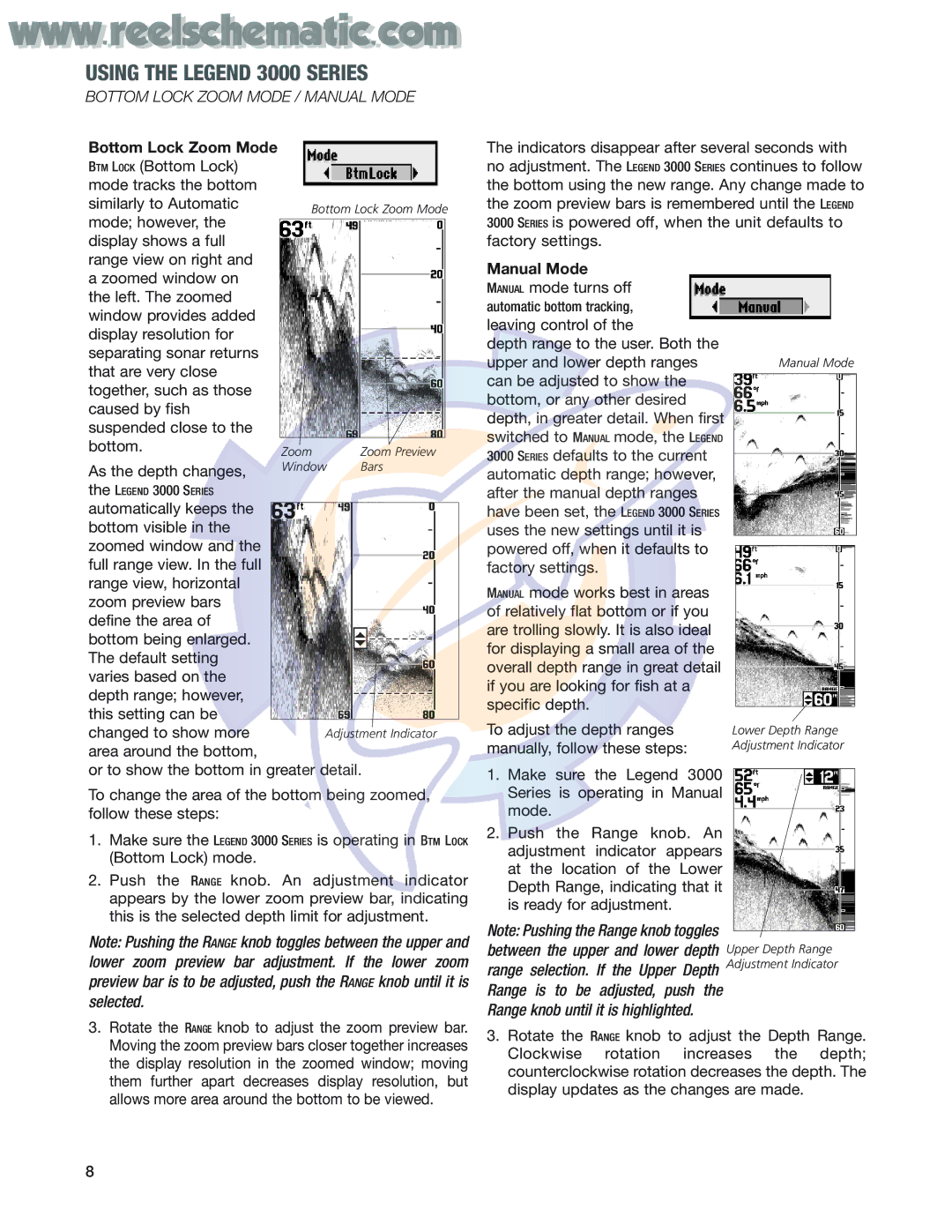 Humminbird 3005 Deep, 3000 Deep manual Bottom Lock Zoom Mode / Manual Mode 