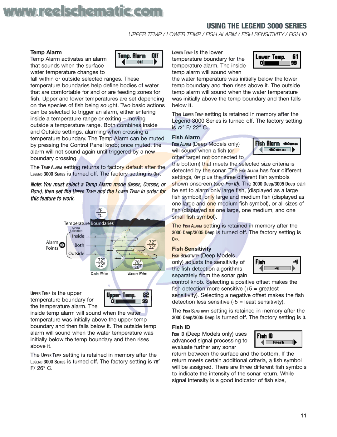 Humminbird 3005 Deep, 3000 Deep manual Temp Alarm, Fish Alarm, Fish Sensitivity, Fish ID 