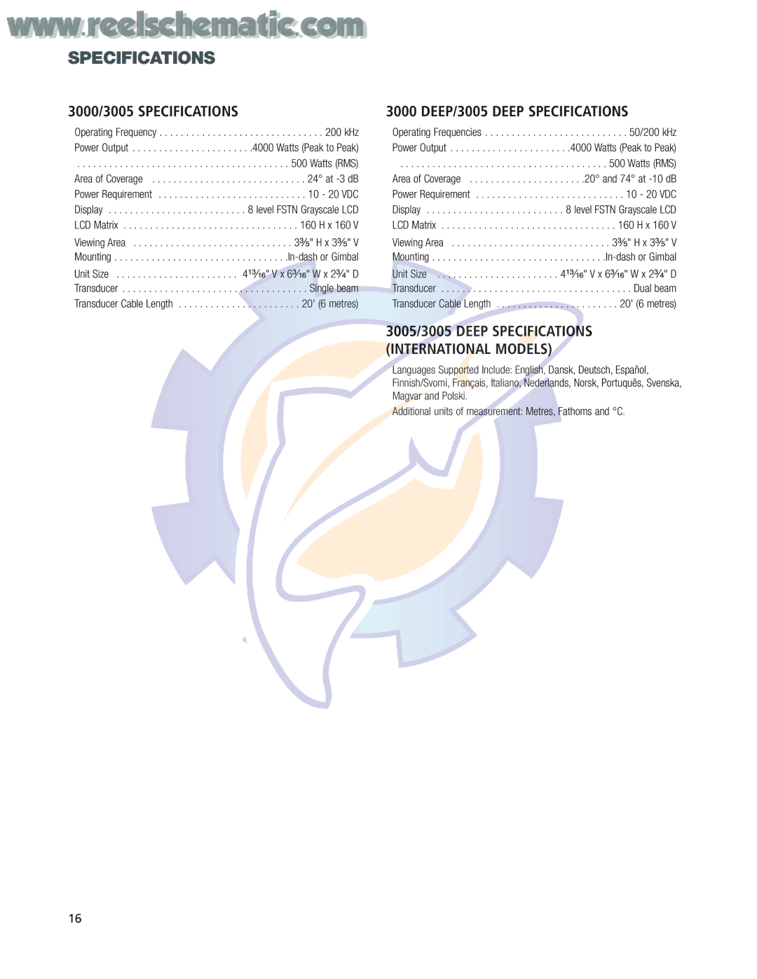 Humminbird 3000 Deep manual 3000/3005 Specifications, DEEP/3005 Deep Specifications 