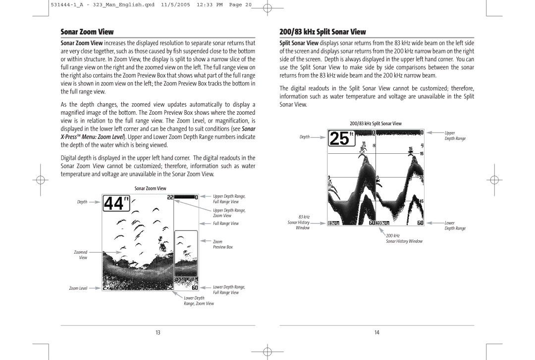 Humminbird 531444-1_A, 323, 300 series manual Sonar Zoom View, 200/83 kHz Split Sonar View 