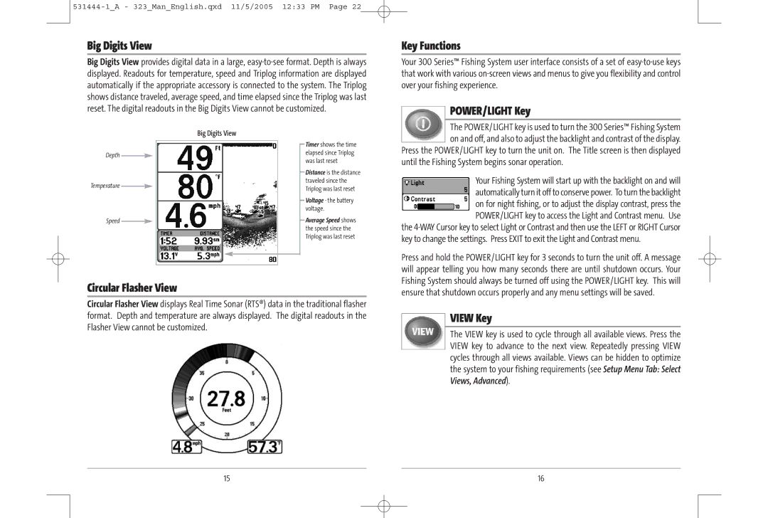 Humminbird 323, 300 series, 531444-1_A Big Digits View, Key Functions, POWER/LIGHT Key, Circular Flasher View, View Key 