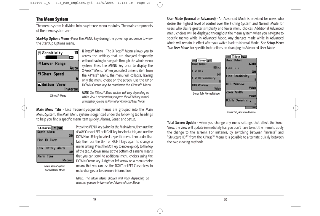 Humminbird 531444-1_A, 323, 300 series manual Menu System, Sonar Tab, Normal Mode Sonar Tab, Advanced Mode 