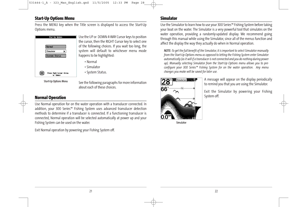 Humminbird 323, 300 series, 531444-1_A manual Start-Up Options Menu, Normal Operation, Simulator 