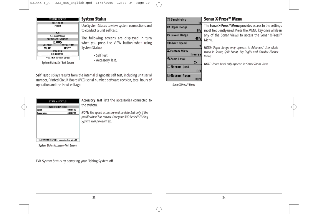 Humminbird 300 series, 323, 531444-1_A manual System Status Sonar X-PressTMMenu, Operation and the input voltage 