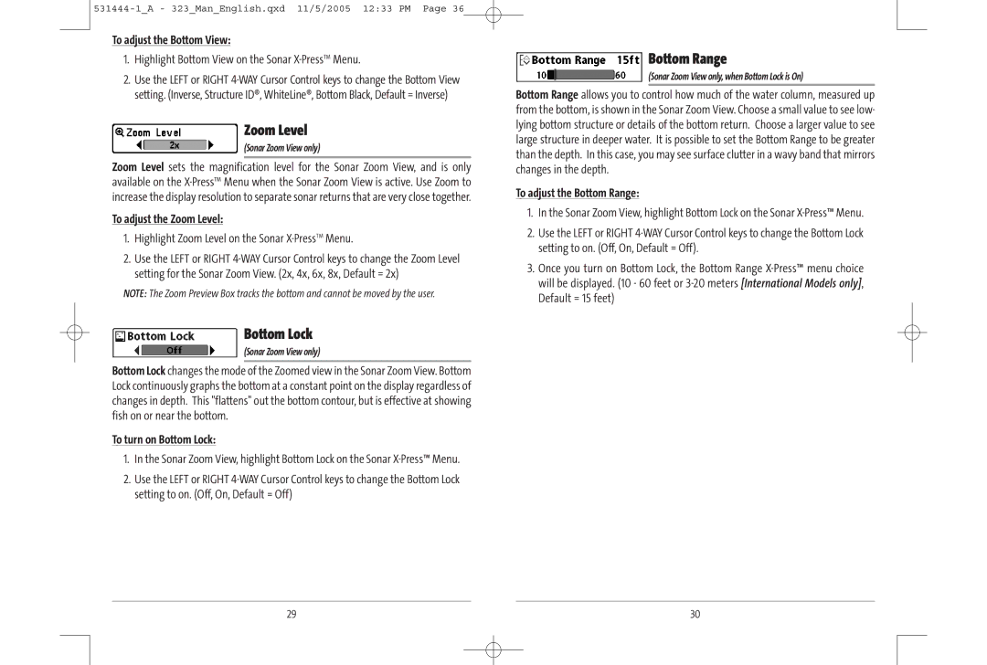 Humminbird 300 series, 323, 531444-1_A manual Zoom Level, Bottom Lock, Bottom Range 