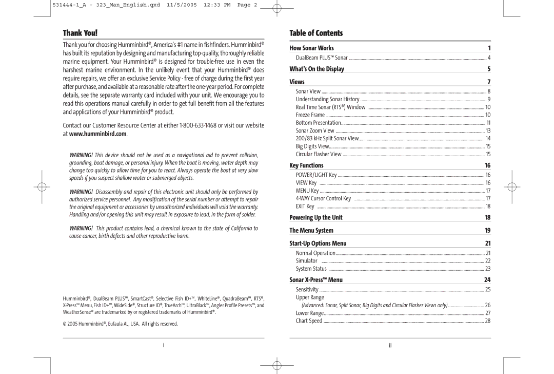 Humminbird 531444-1_A, 323, 300 series manual Thank You, Table of Contents 