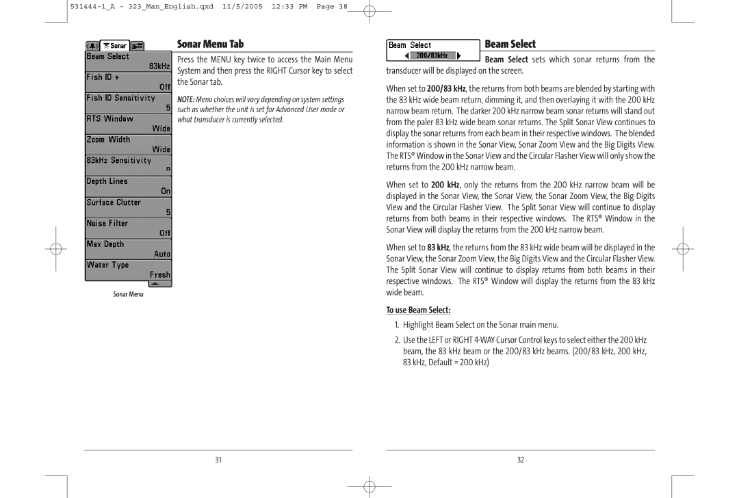 Humminbird 531444-1_A, 323, 300 series Sonar Menu Tab, To use Beam Select, Highlight Beam Select on the Sonar main menu 