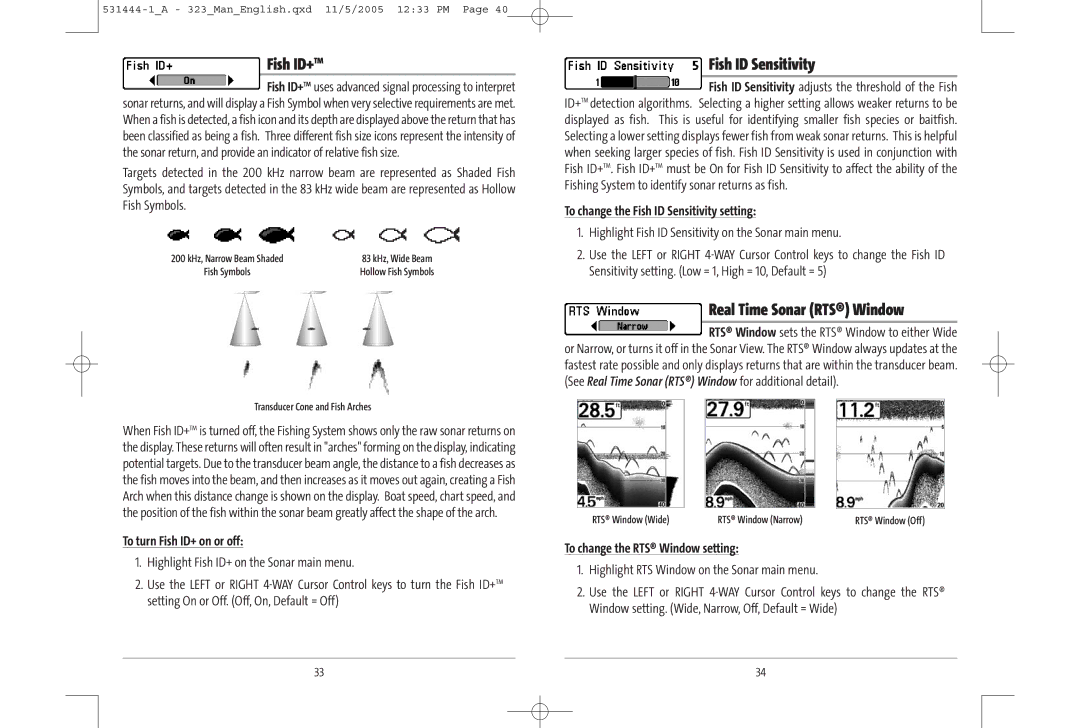 Humminbird 323, 300 series manual Fish ID+TM, To turn Fish ID+ on or off, To change the Fish ID Sensitivity setting 