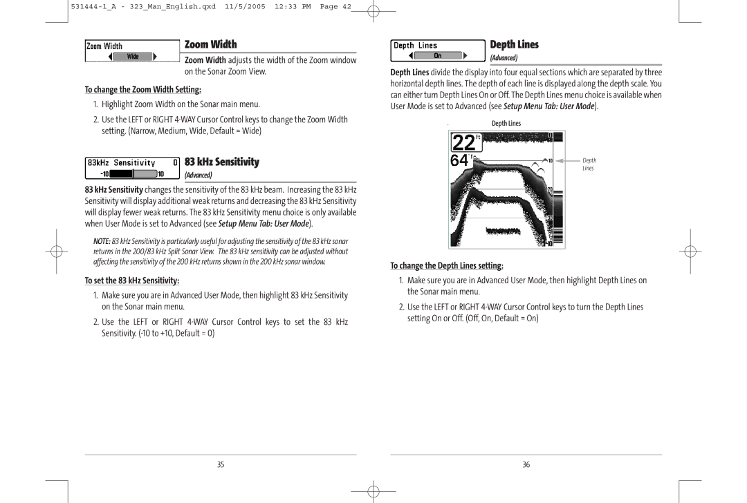 Humminbird 300 series, 323, 531444-1_A manual Zoom Width, KHz Sensitivity, Depth Lines 