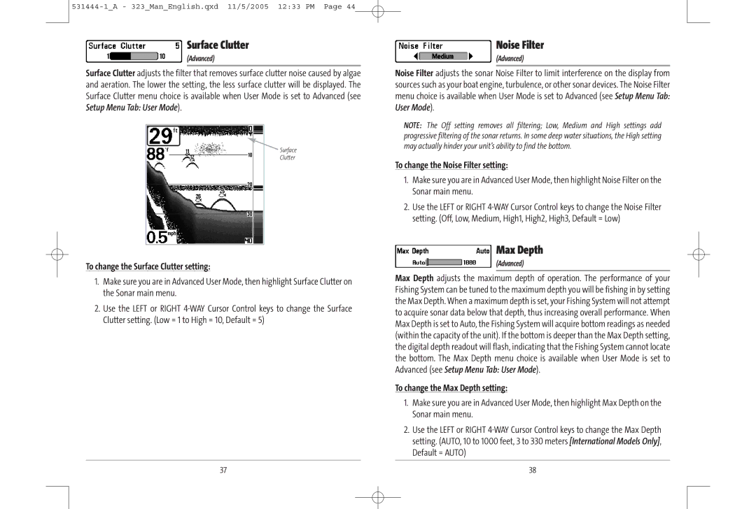 Humminbird 531444-1_A, 323, 300 series manual Surface Clutter, Noise Filter, Max Depth 