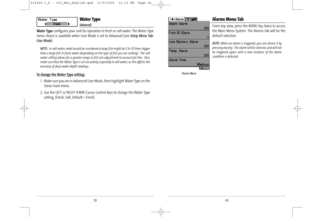 Humminbird 323, 300 series, 531444-1_A manual Alarms Menu Tab, To change the Water Type setting 