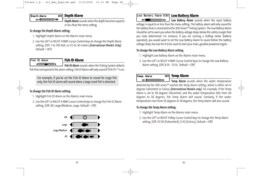 Humminbird 300 series, 323, 531444-1_A manual Depth Alarm, Fish ID Alarm, Low Battery Alarm, Temp Alarm 