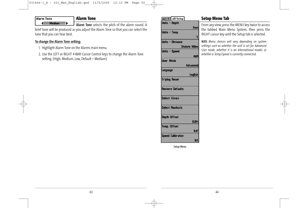 Humminbird 531444-1_A Setup Menu Tab, To change the Alarm Tone setting, Highlight Alarm Tone on the Alarms main menu 