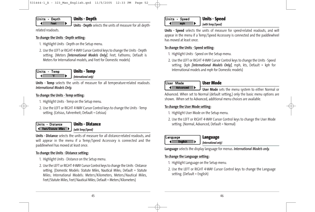 Humminbird 323, 300 series, 531444-1_A manual Units Depth, Units Temp, Units Distance, Units Speed, User Mode, Language 