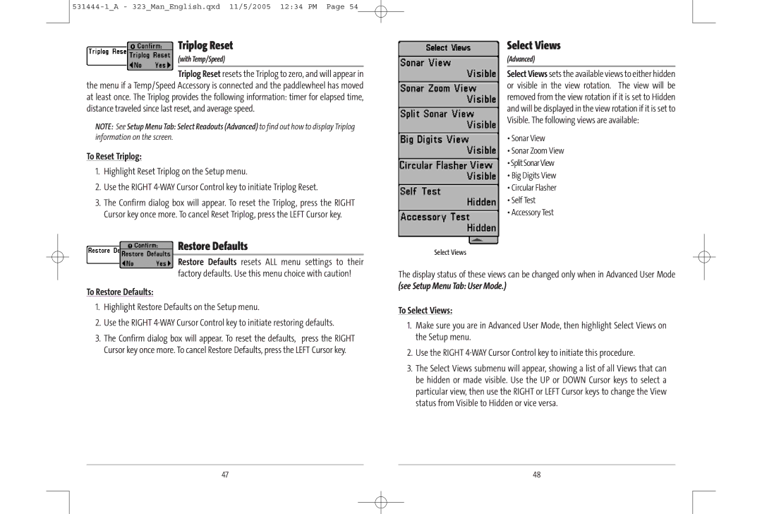 Humminbird 300 series, 323, 531444-1_A manual Triplog Reset, Restore Defaults, Select Views 