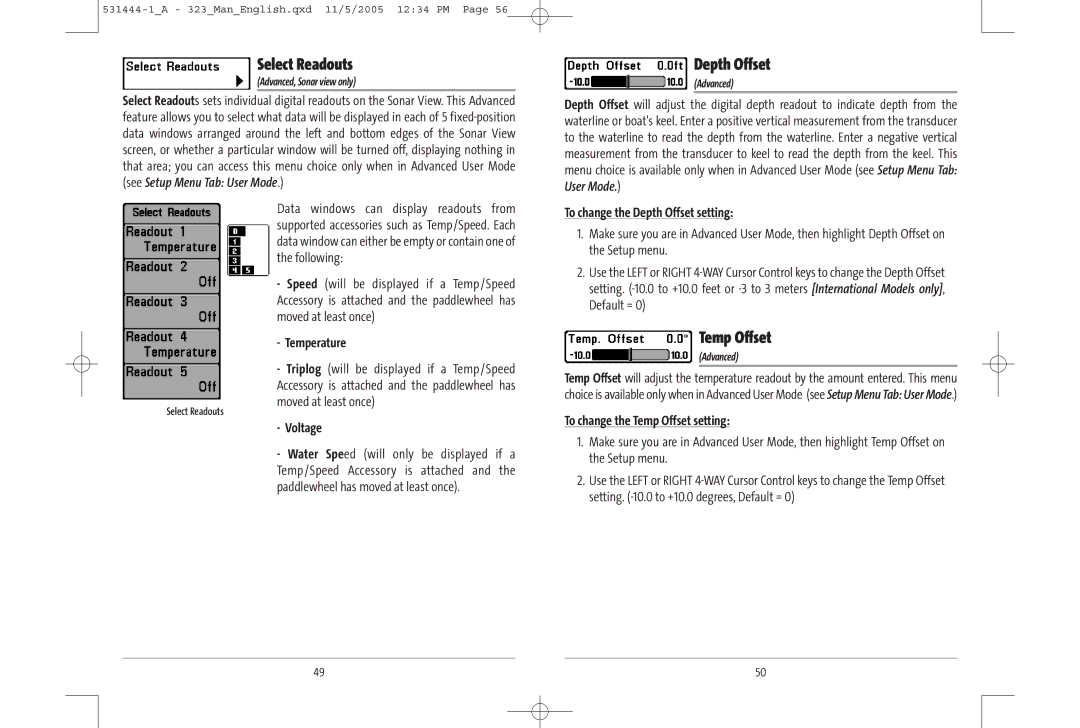 Humminbird 531444-1_A, 323, 300 series manual Select Readouts, Depth Offset, Temp Offset 