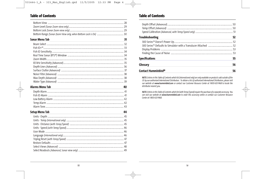 Humminbird 323, 300 series, 531444-1_A manual Sonar Menu Tab, Alarms Menu Tab, Setup Menu Tab, Troubleshooting 