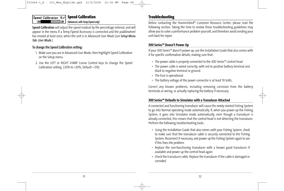 Humminbird 323, 300 series, 531444-1_A manual Troubleshooting, To change the Speed Calibration setting 