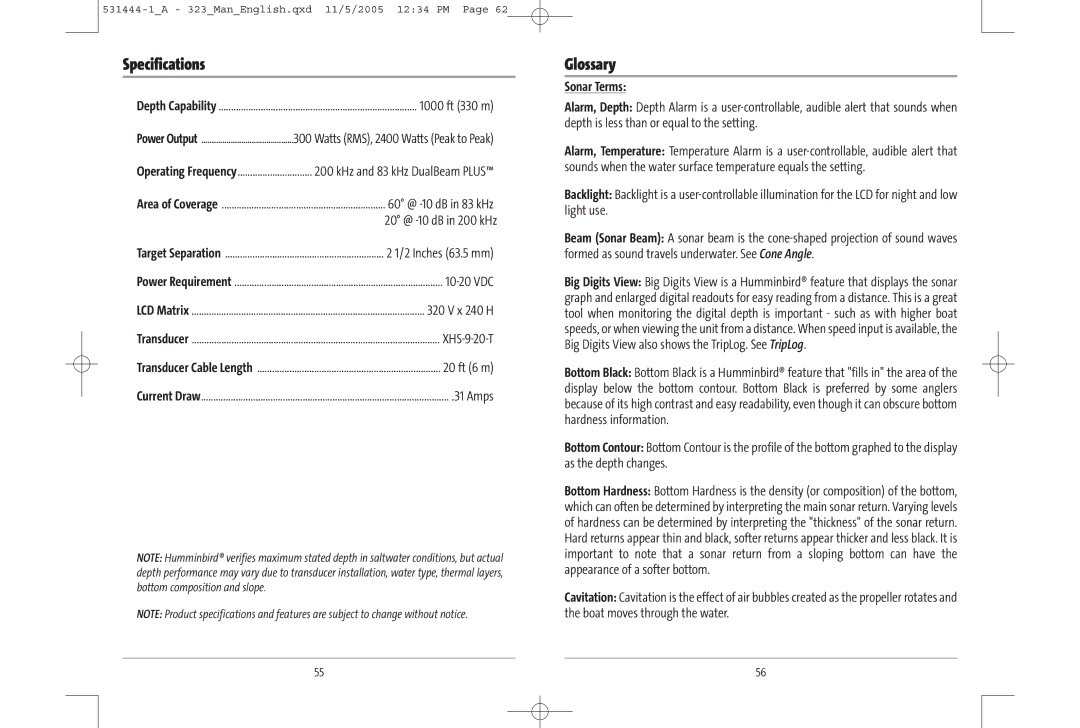 Humminbird 531444-1_A, 323, 300 series manual Specifications, Glossary, Sonar Terms 