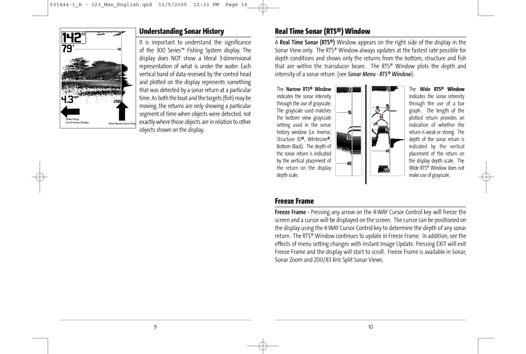 Humminbird 323, 300 series, 531444-1_A manual Understanding Sonar History, Real Time Sonar RTS Window, Freeze Frame 