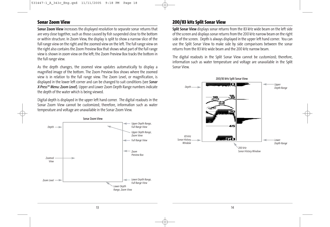Humminbird 343c manual Sonar Zoom View, 200/83 kHz Split Sonar View 