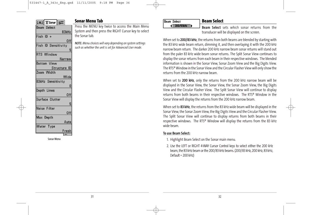 Humminbird 343c manual Sonar Menu Tab, To use Beam Select, Highlight Beam Select on the Sonar main menu 