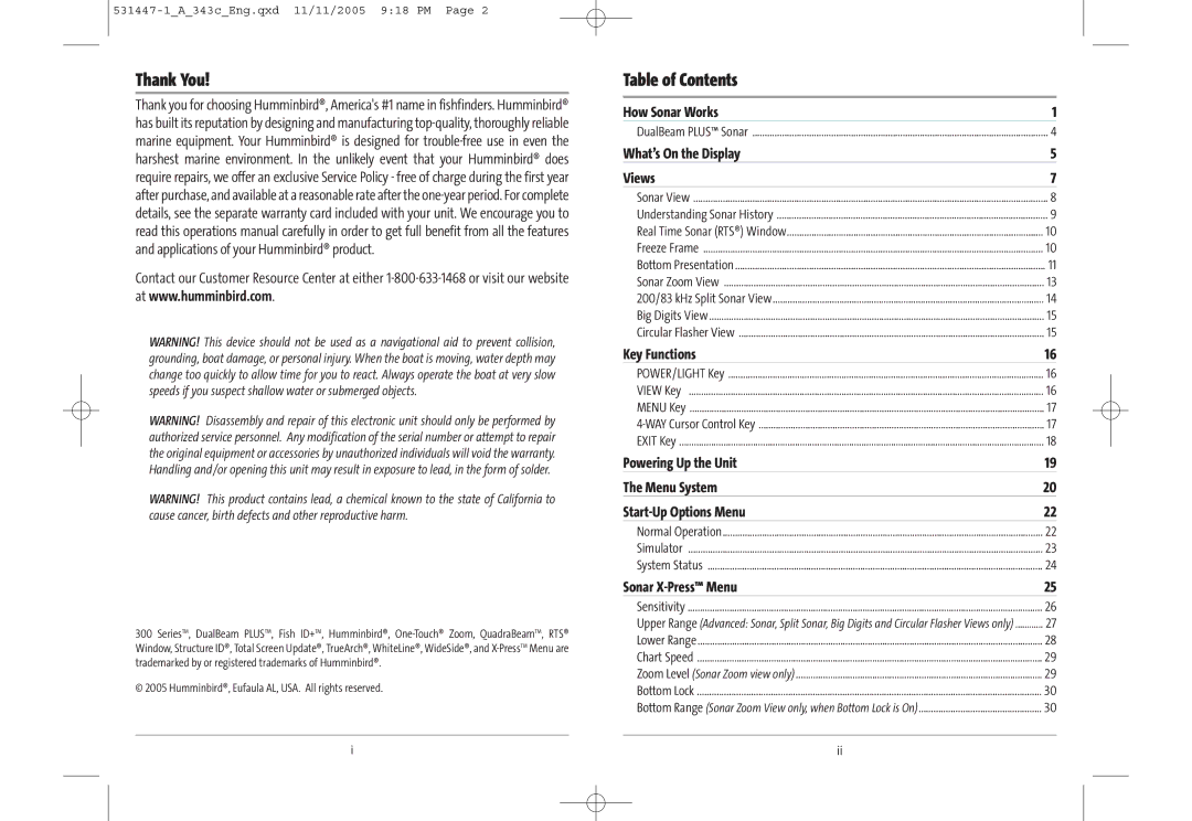 Humminbird 343c manual Thank You, Table of Contents 