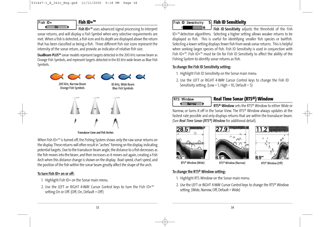 Humminbird 343c manual Fish ID+TM, To turn Fish ID+ on or off, To change the Fish ID Sensitivity setting 